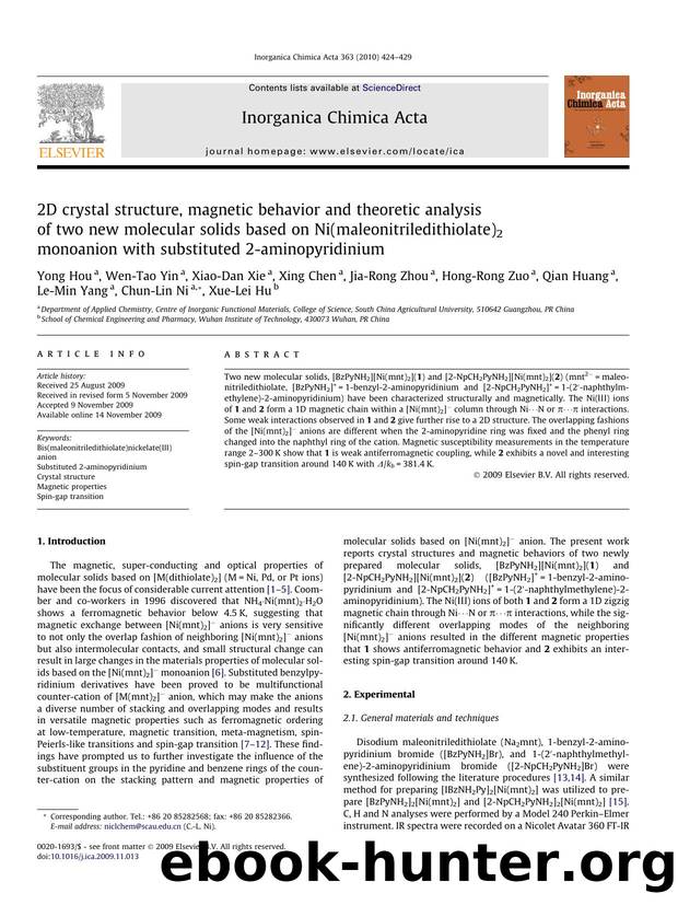 2D crystal structure, magnetic behavior and theoretic analysis of two new molecular solids based on Ni(maleonitriledithiolate)2 monoanion with substituted 2-aminopyridinium by unknow