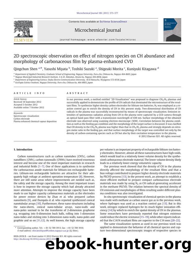 2D spectroscopic observation on effect of nitrogen species on CH abundance and morphology of carbonaceous film by plasma-enhanced CVD by Qingchun Shen & Yasushi Miyata & Toshiki Suzuki & Shigeaki Morita & Kuniyuki Kitagawa