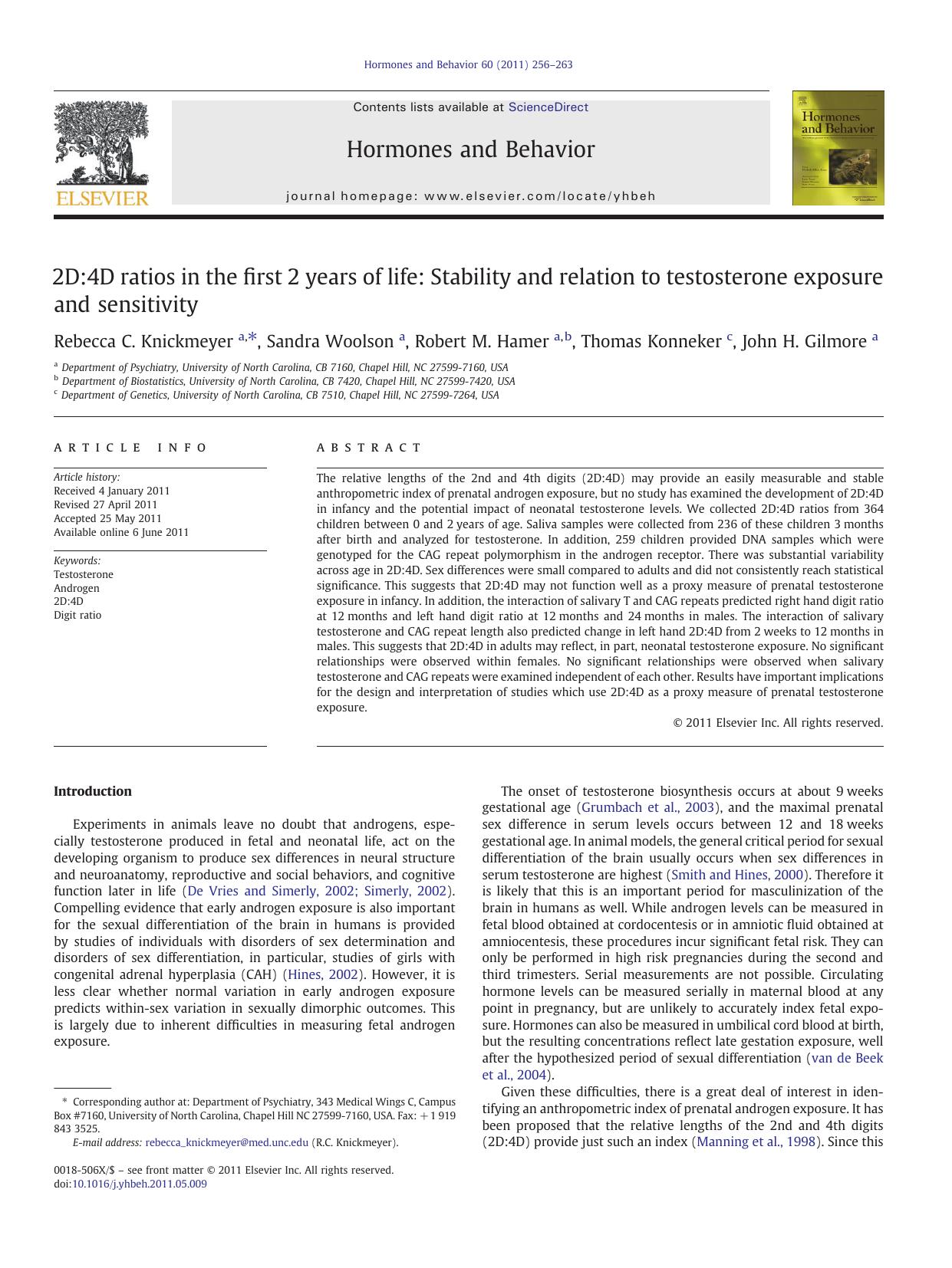 2D:4D ratios in the first 2years of life: Stability and relation to testosterone exposure and sensitivity by Rebecca C. Knickmeyer & Sandra Woolson & Robert M. Hamer & Thomas Konneker & John H. Gilmore