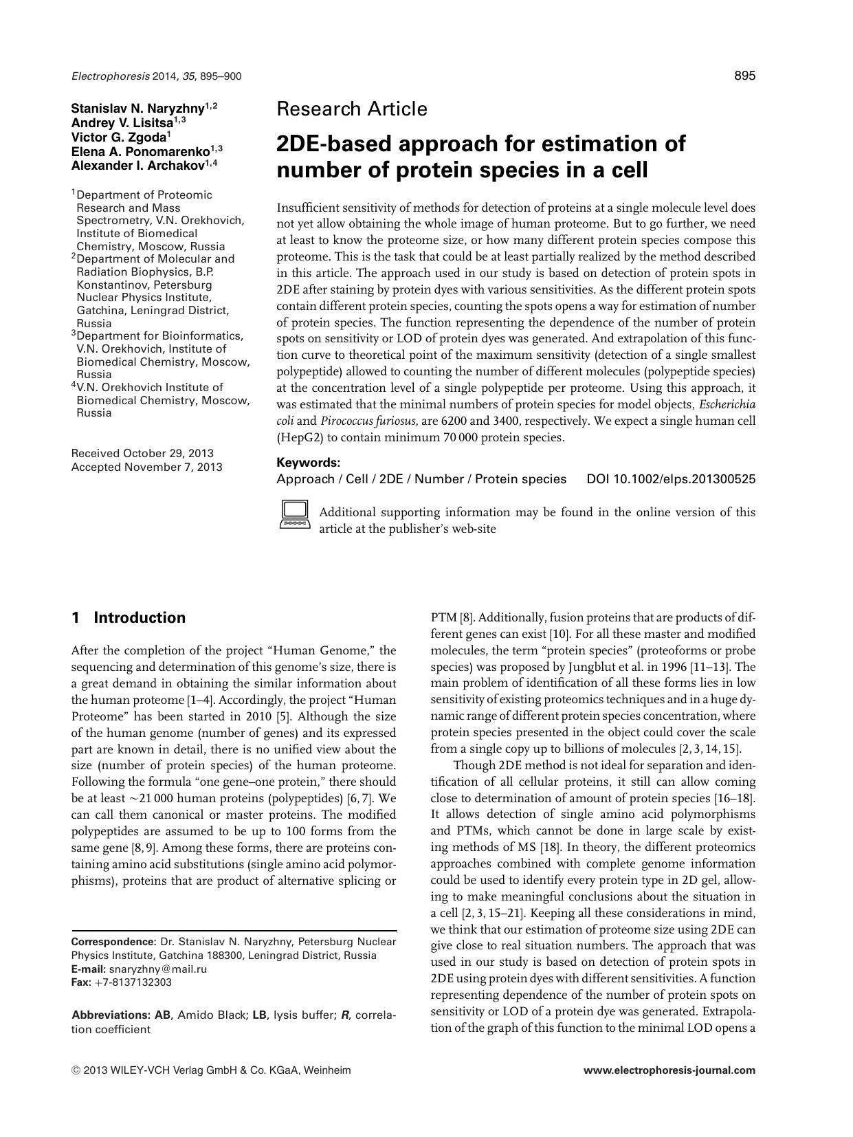 2DE&#x02010;based approach for estimation of number of protein species in a cell by Unknown