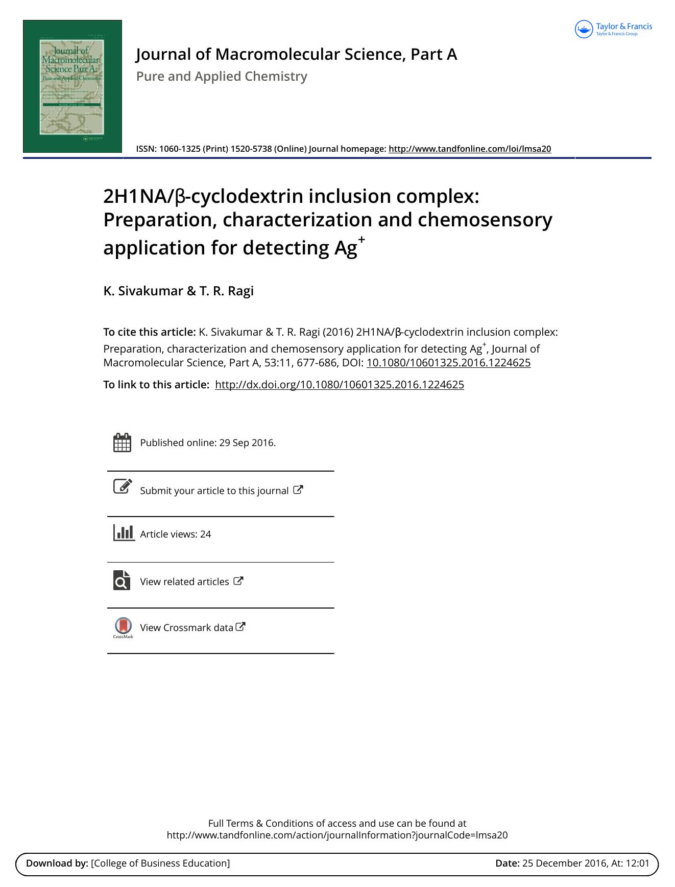 2H1NAÎ²-cyclodextrin inclusion complex: Preparation, characterization and chemosensory application for detecting Ag by K. Sivakumar & T. R. Ragi