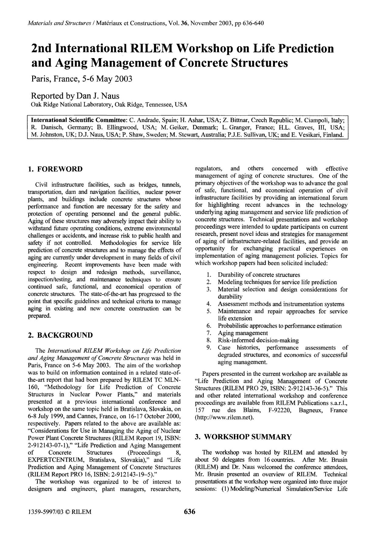 2nd International RILEM Workshop on Life Prediction and Aging Management of Concrete Structures by Unknown