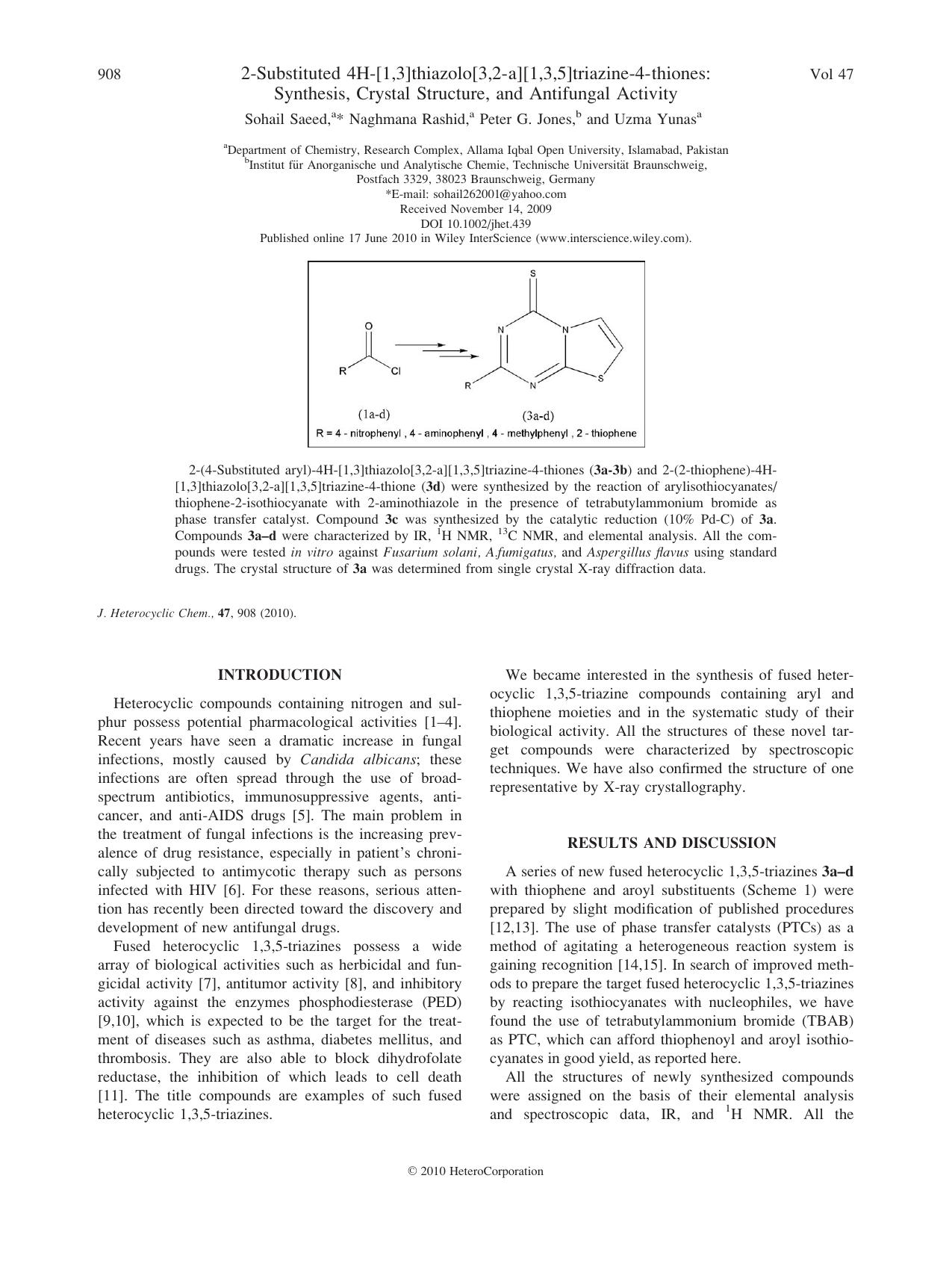 2substituted 4H[1,3]thiazolo[3,2a][1,3,5]triazine4thiones: Synthesis, crystal structure, and antifungal activity by Unknown