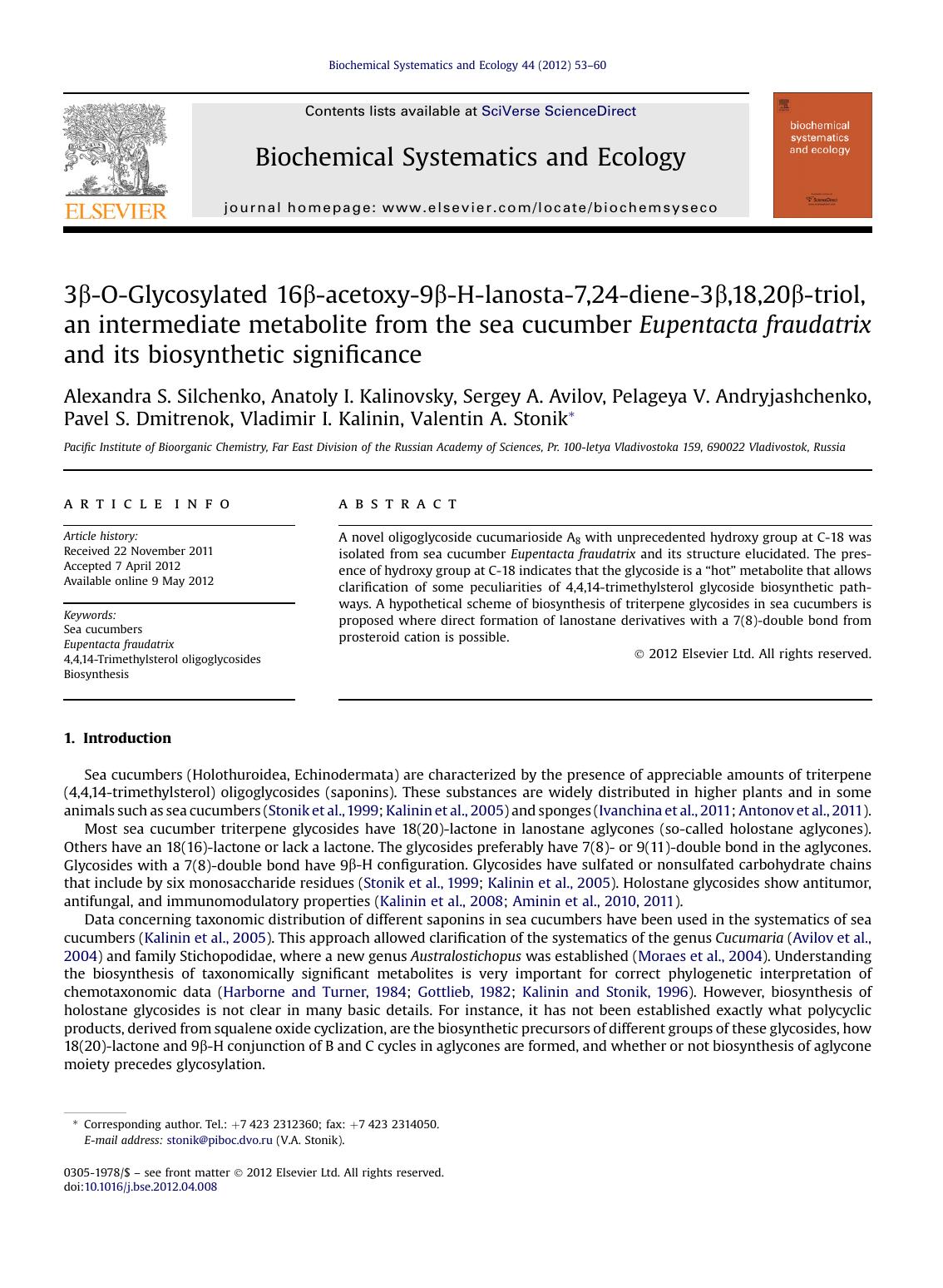 3&beta;-O-Glycosylated 16&beta;-acetoxy-9&beta;-H-lanosta-7,24-diene-3&beta;,18,20&beta;-triol, an intermediate metabolite from the sea cucumber Eupentacta fraudatrix and its biosynthetic significance by unknow