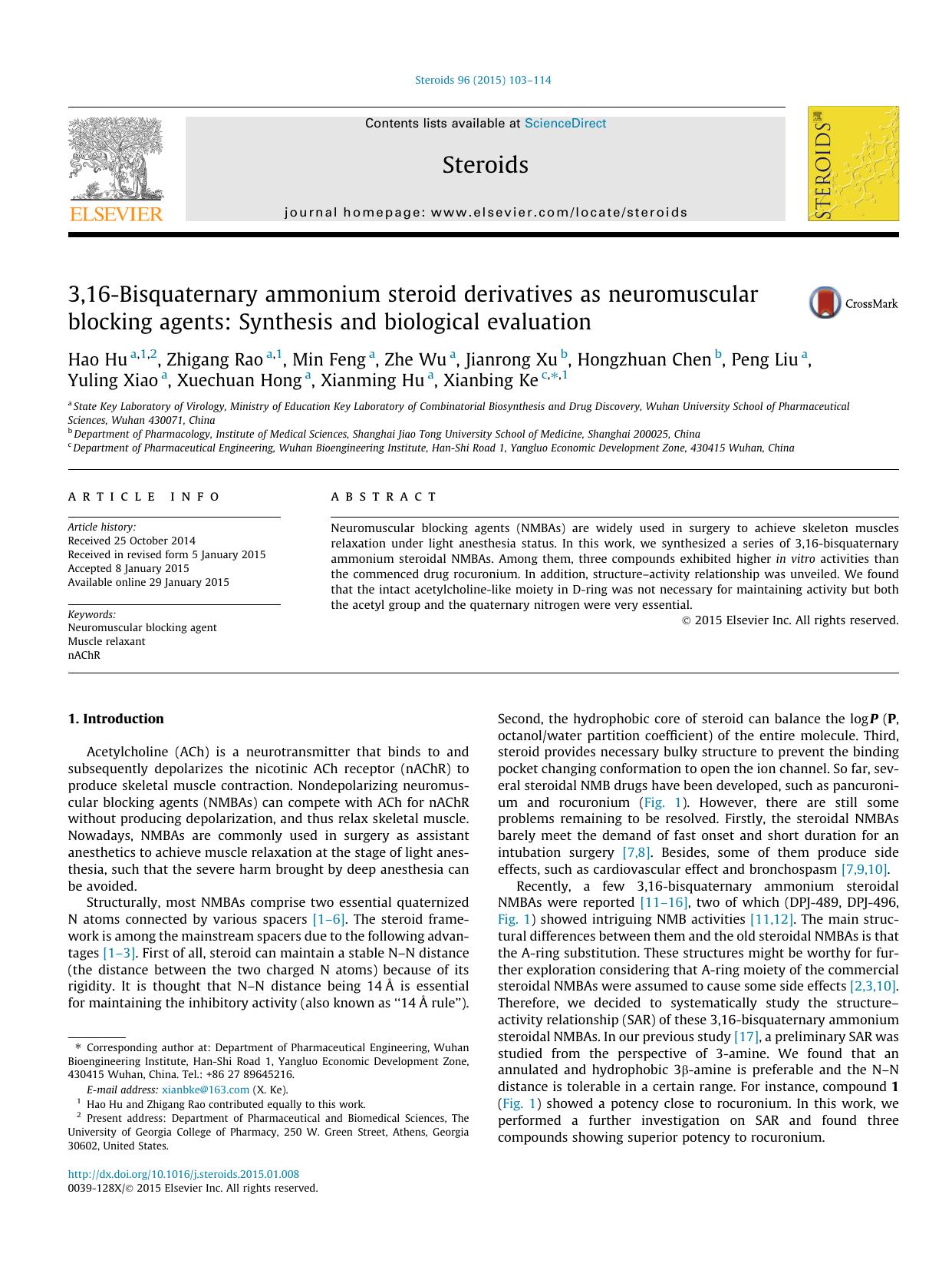 3,16-Bisquaternary ammonium steroid derivatives as neuromuscular blocking agents: Synthesis and biological evaluation by unknow