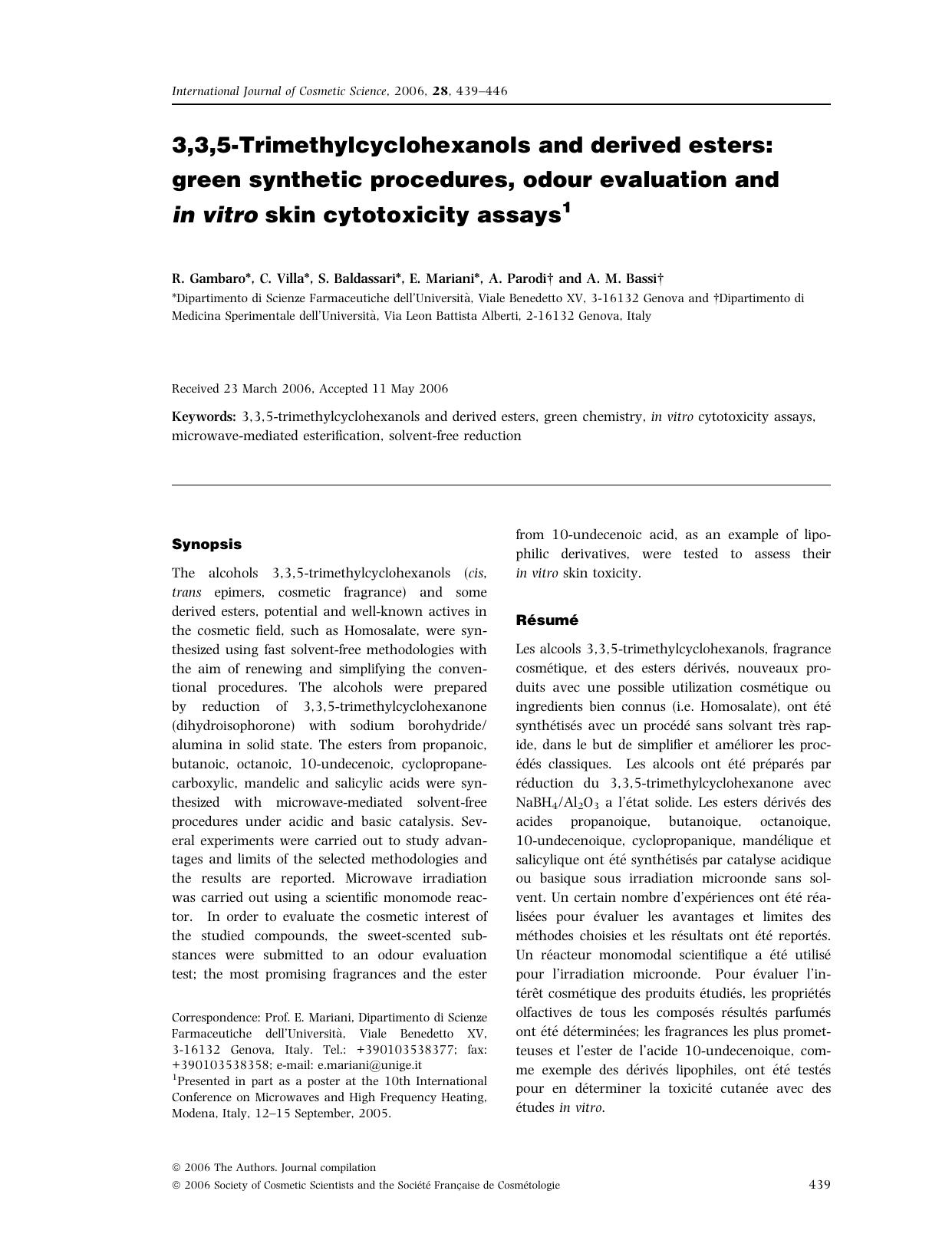 3,3,5-Trimethylcyclohexanols and derived esters: green synthetic procedures, odour evaluation and in vitro skin cytotoxicity assays1 by Unknown