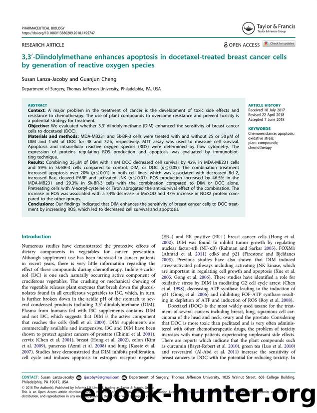 3,3â²-Diindolylmethane enhances apoptosis in docetaxel-treated breast cancer cells by generation of reactive oxygen species by Lanza-Jacoby Susan & Cheng Guanjun