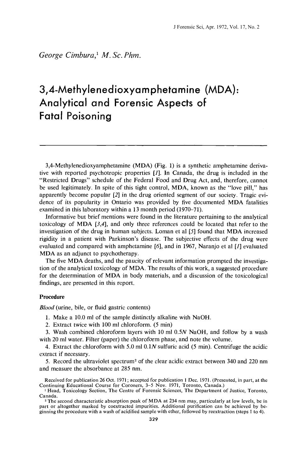 3,4-Methylenedioxyamphetamine (MDA): Analytical and Forensic Aspects of Fatal Poisoning by Cimbura G