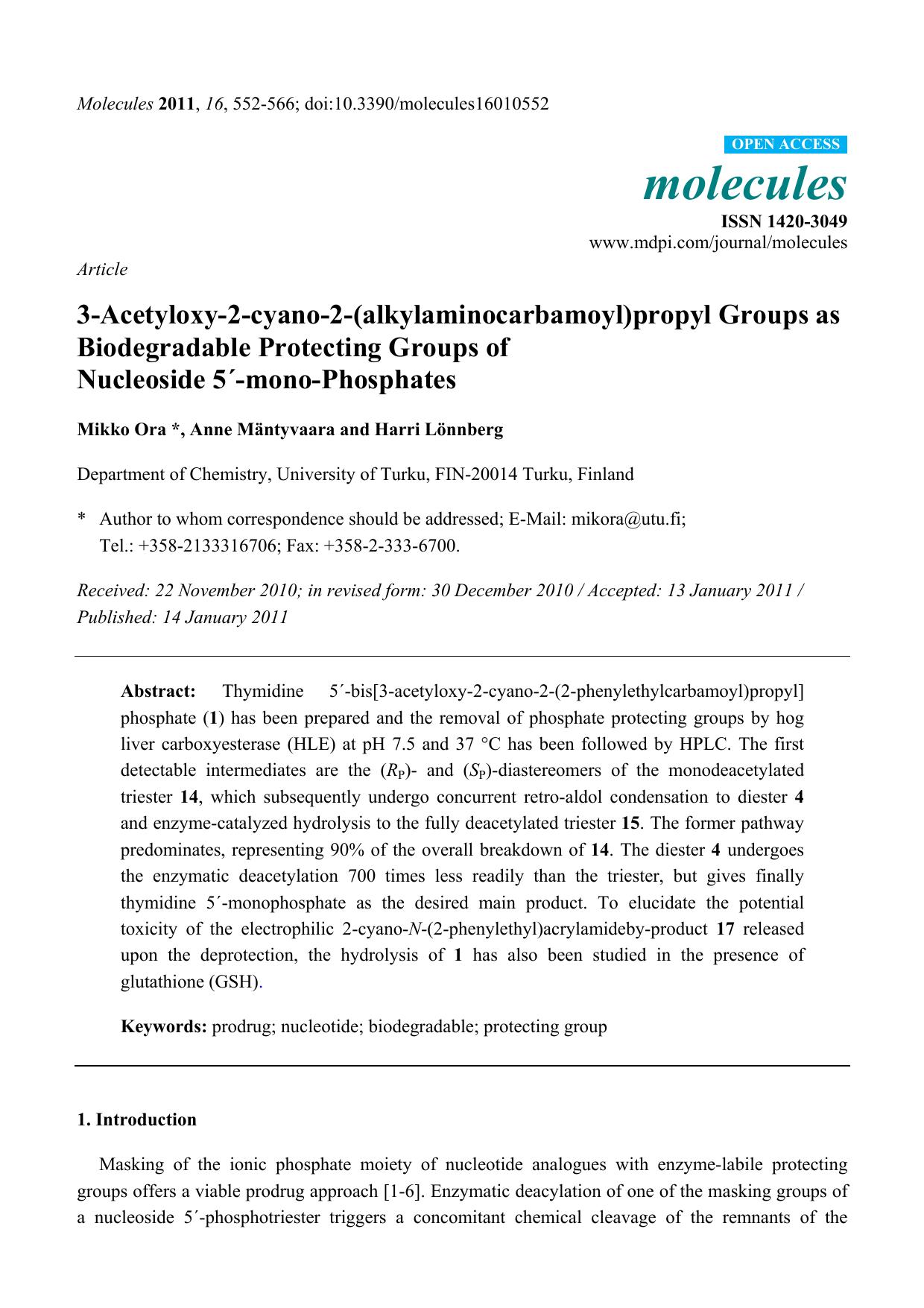 3-Acetyloxy-2-cyano-2-(alkylaminocarbamoyl)propyl Groups as Biodegradable Protecting Groups of by Mikko Ora * & Anne Mäntyvaara and Harri Lönnberg