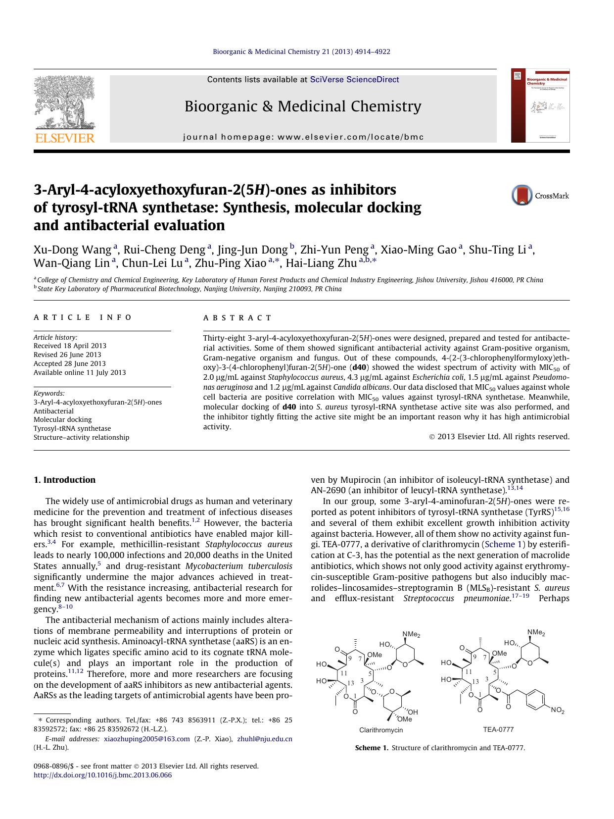 3-Aryl-4-acyloxyethoxyfuran-2(5H)-ones as inhibitors of tyrosyl-tRNA synthetase: Synthesis, molecular docking and antibacterial evaluation by unknow