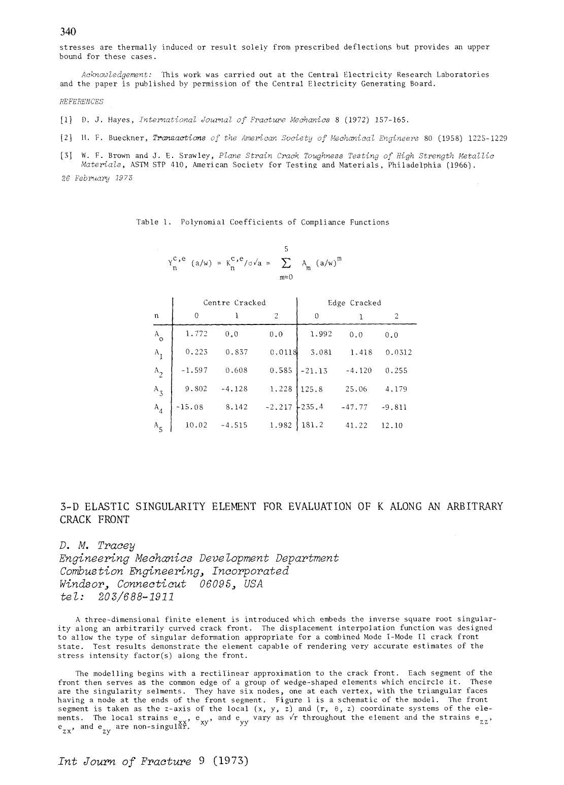 3-D elastic singularity element for evaluation of K along an arbitrary crack front by Unknown