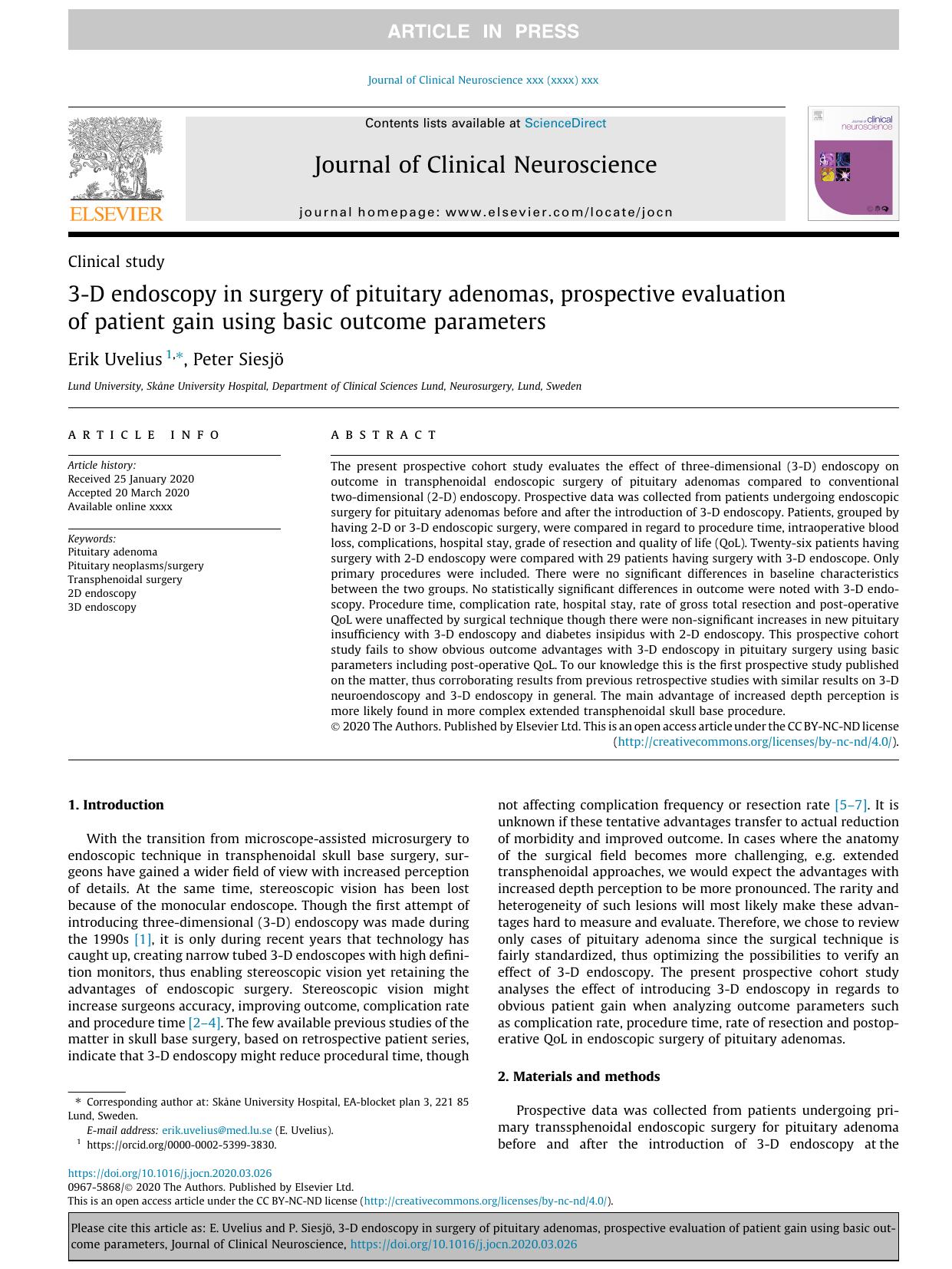 3-D endoscopy in surgery of pituitary adenomas, prospective evaluation of patient gain using basic outcome parameters by Erik Uvelius & Peter Siesjö