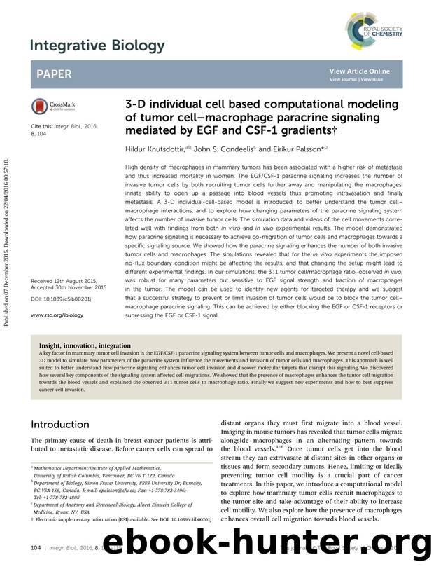 3-D individual cell based computational modeling of tumor cell&#x2013;macrophage paracrine signaling mediated by EGF and CSF-1 gradients by Hildur Knutsdottir & John S. Condeelis & Eirikur Palsson