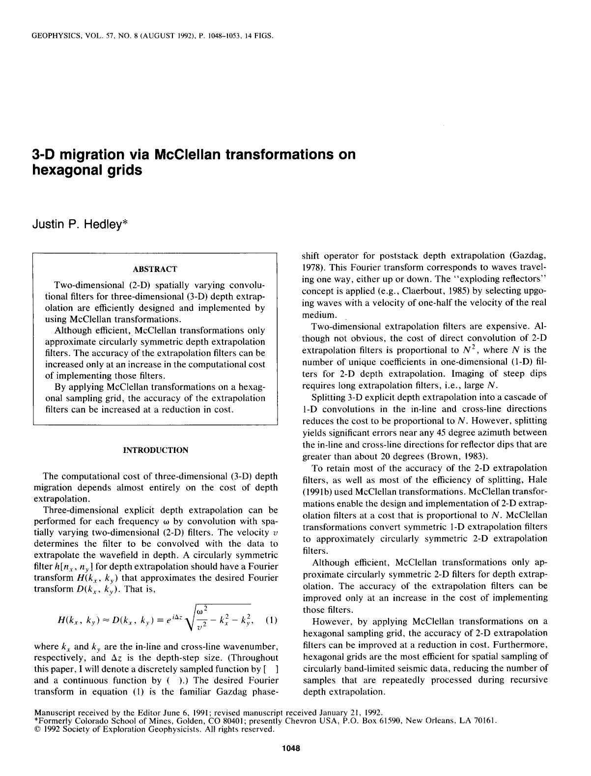 3-D migration via McClellan transformations on hexagonal grids by Hedley J. P