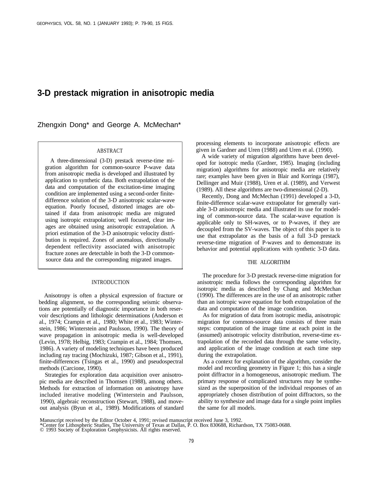 3-D prestack migration in anisotropic media by G. A. McMechan Z. Dong
