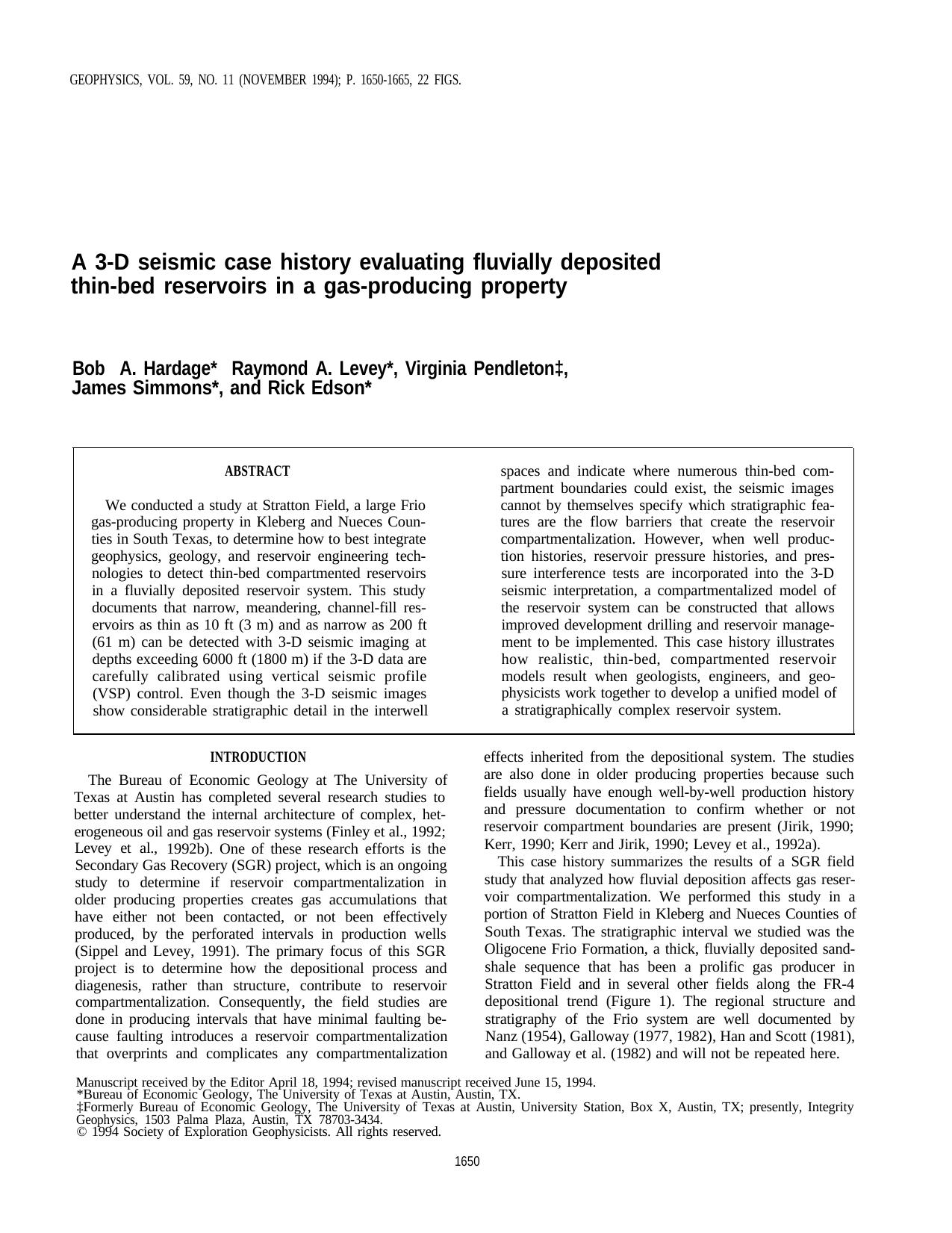3-D seismic case history evaluating fluvially deposited thin-bed reservoirs in a gas-producing property by J. Simmons V. Pendleton R.A. Levey R. Edson B. A. Hardage