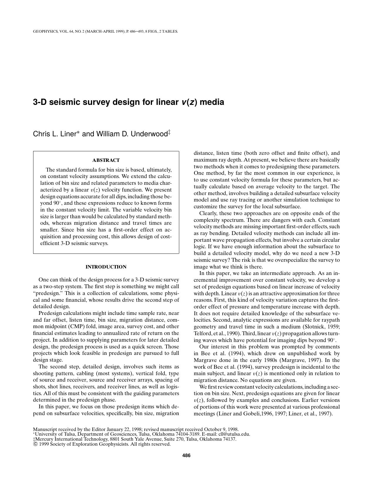3-D seismic survey design for linear v( z) media by C. L. Liner W. D. Underwood