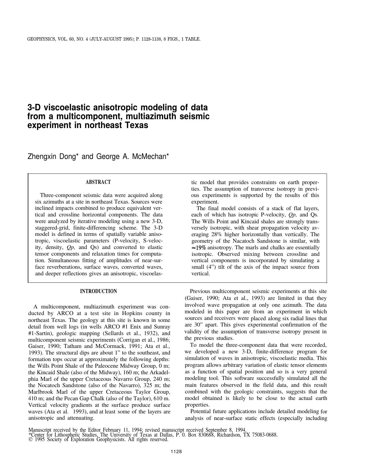 3-D viscoelastic anisotropic modeling of data from a multicomponent, multiazimuth seismic experiment in northeast Texas by Z. Dong G. A. McMechan