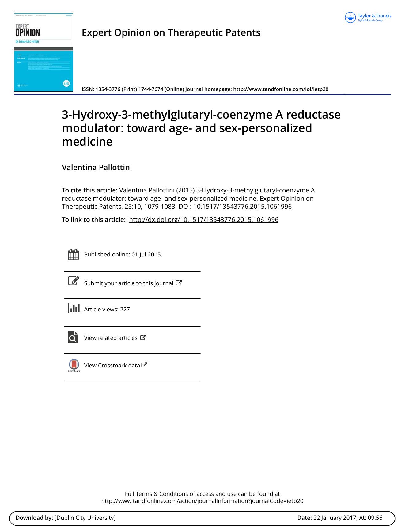 3-Hydroxy-3-methylglutaryl-coenzyme A reductase modulator: toward age- and sex-personalized medicine by Valentina Pallottini