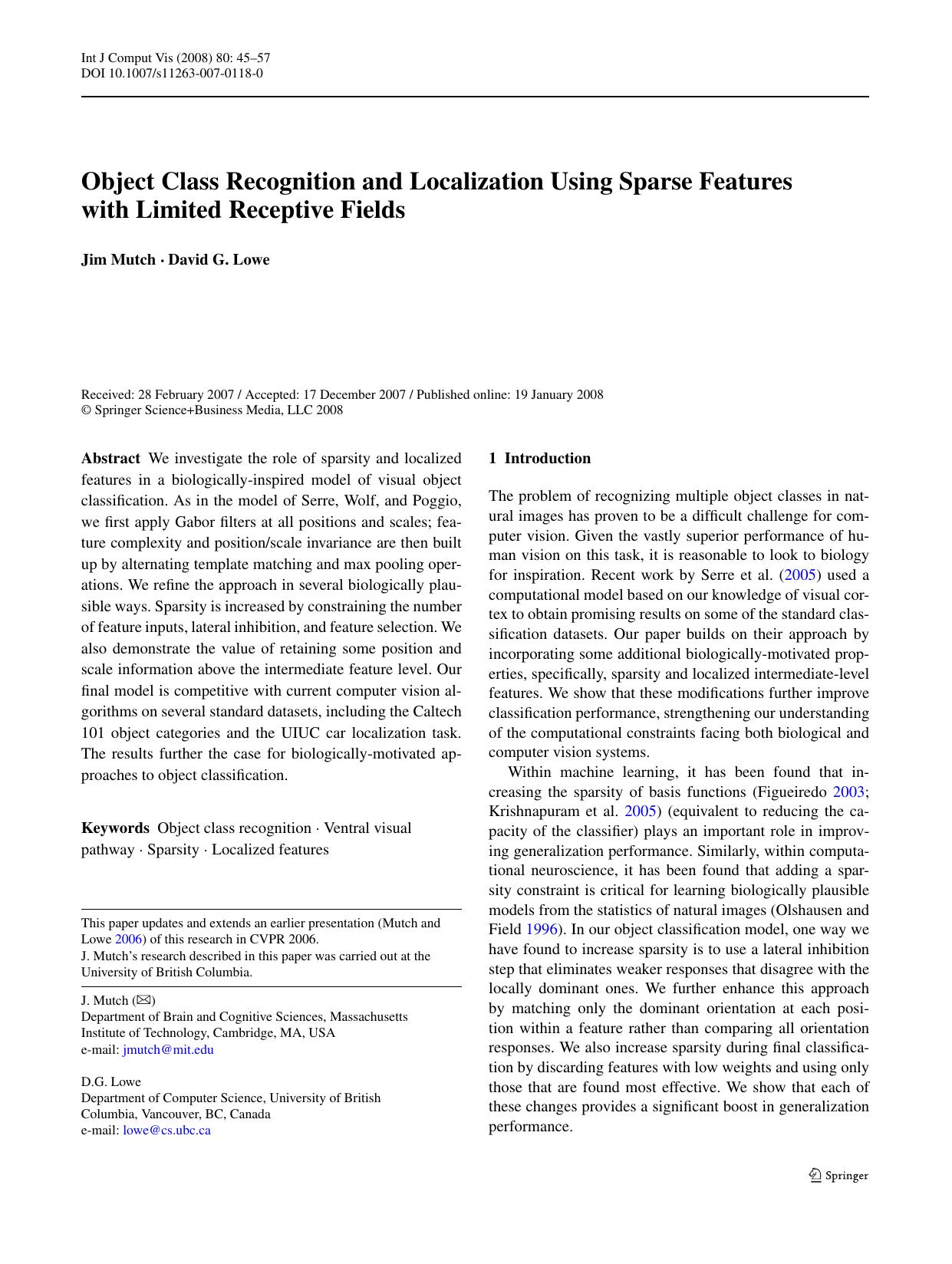 3-Object Class Recognition and Localization Using Sparse Features with Limited Receptive Fields by Unknown