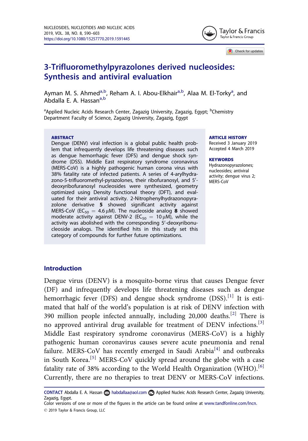 3-Trifluoromethylpyrazolones derived nucleosides: Synthesis and antiviral evaluation by Ahmed Ayman M. S. & Abou-Elkhair Reham A. I. & El-Torky Alaa M. & Hassan Abdalla E. A