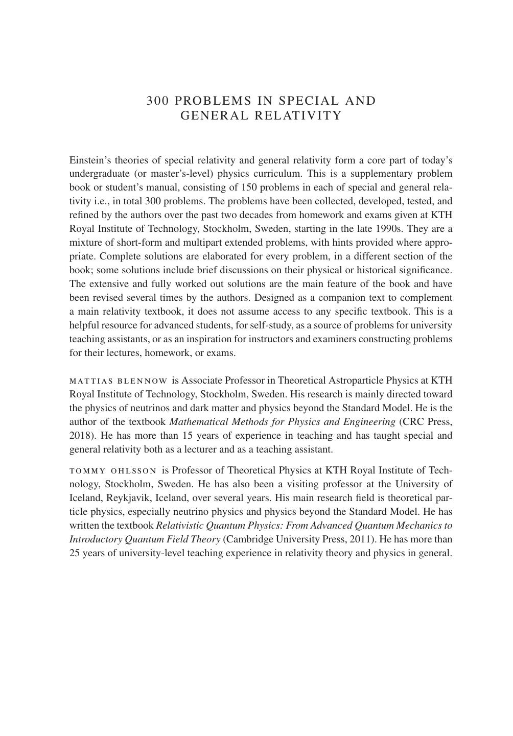 300 Problems in Special and General Relativity: With Complete Solutions by Mattias Blennow Tommy Ohlsson