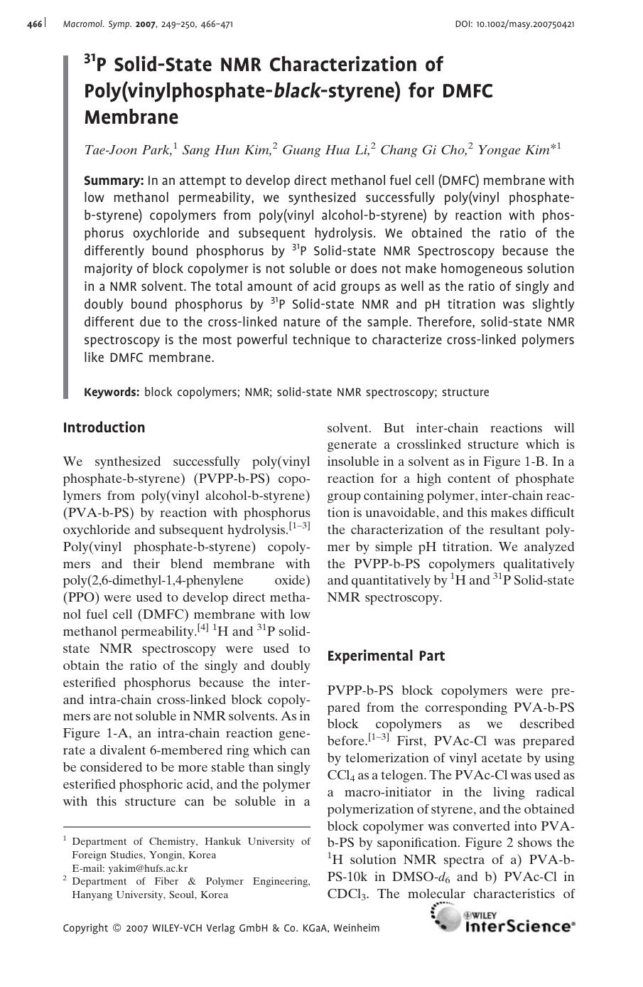 31P Solid-State NMR Characterization of Poly(vinylphosphate-black-styrene) for DMFC Membrane by Unknown