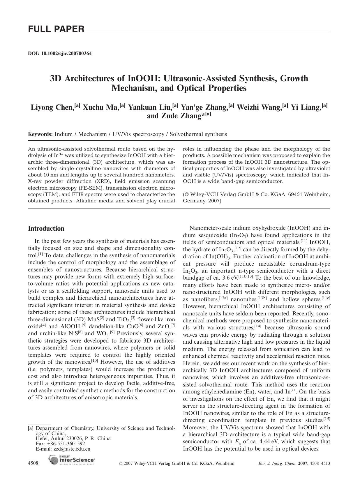 3D Architectures of InOOH: Ultrasonic-Assisted Synthesis, Growth Mechanism, and Optical Properties by Unknown