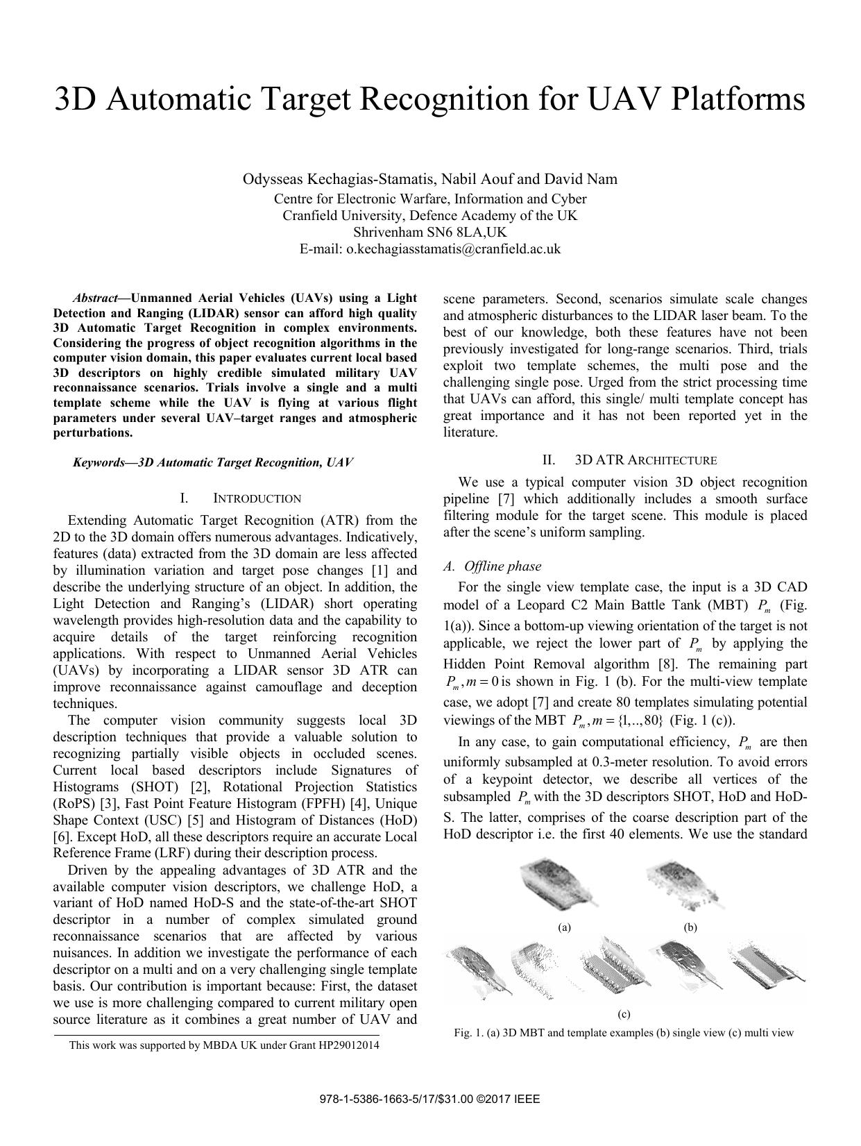 3D Automatic Target Recognition for UAV Platforms by Unknown