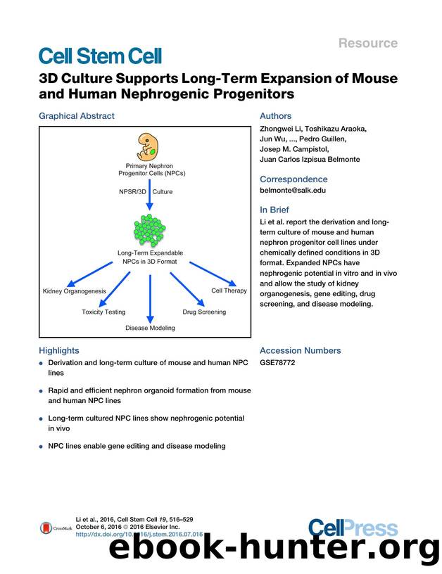 3D Culture Supports Long-Term Expansion of Mouse and Human Nephrogenic Progenitors by unknow
