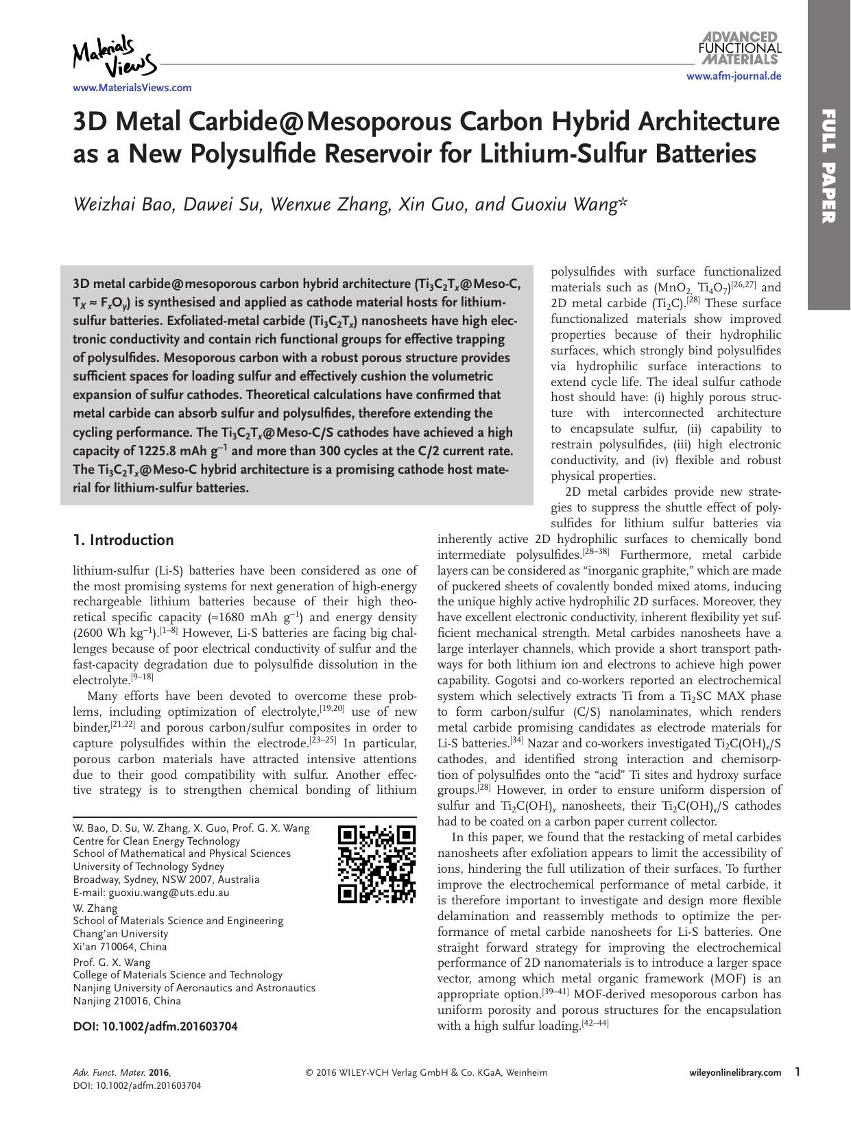 3D Metal Carbide@Mesoporous Carbon Hybrid Architecture as a New Polysulfide Reservoir for Lithium‐Sulfur Batteries by Unknown