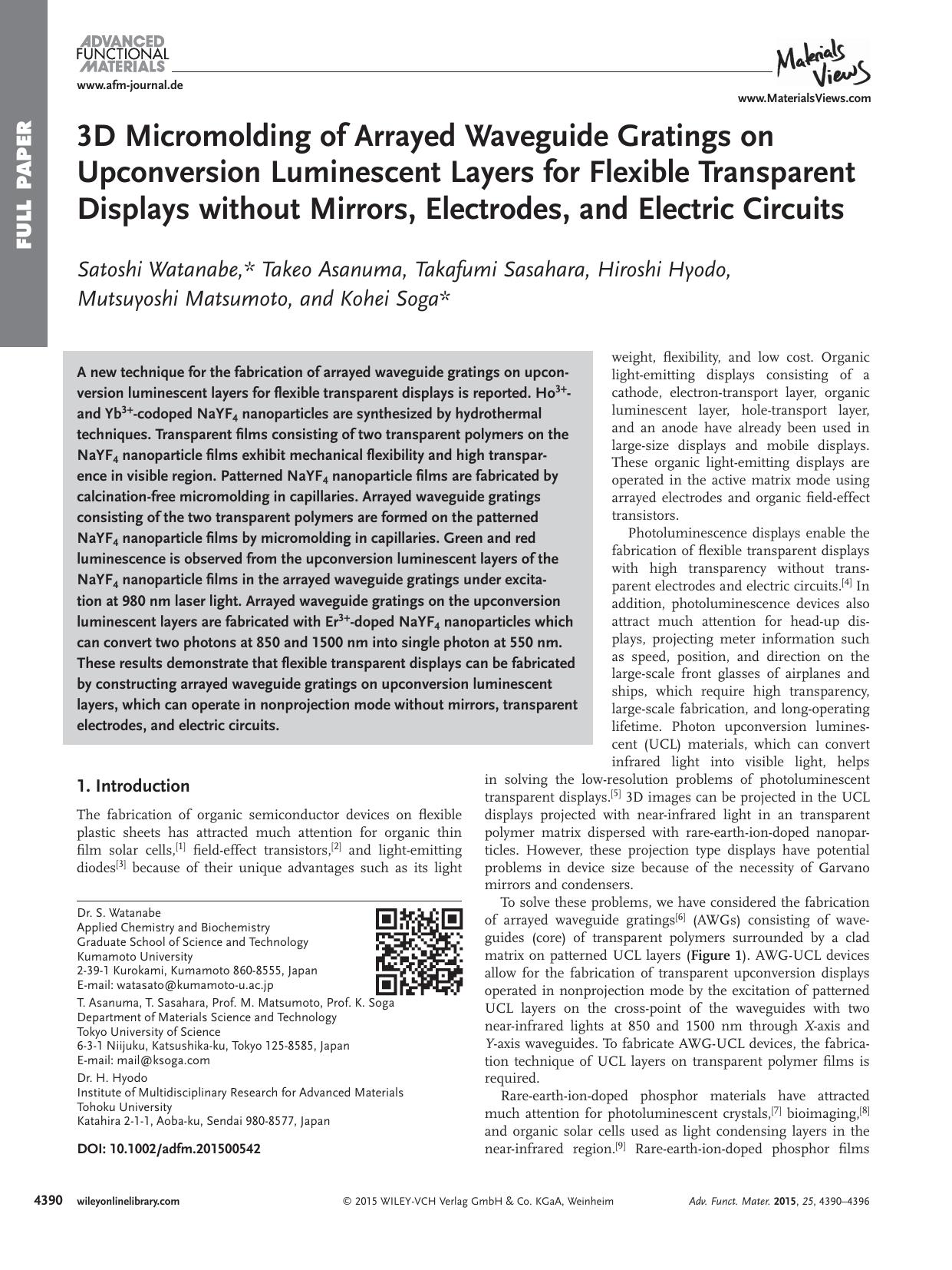3D Micromolding of Arrayed Waveguide Gratings on Upconversion Luminescent Layers for Flexible Transparent Displays without Mirrors, Electrodes, and Electric Circuits by Unknown