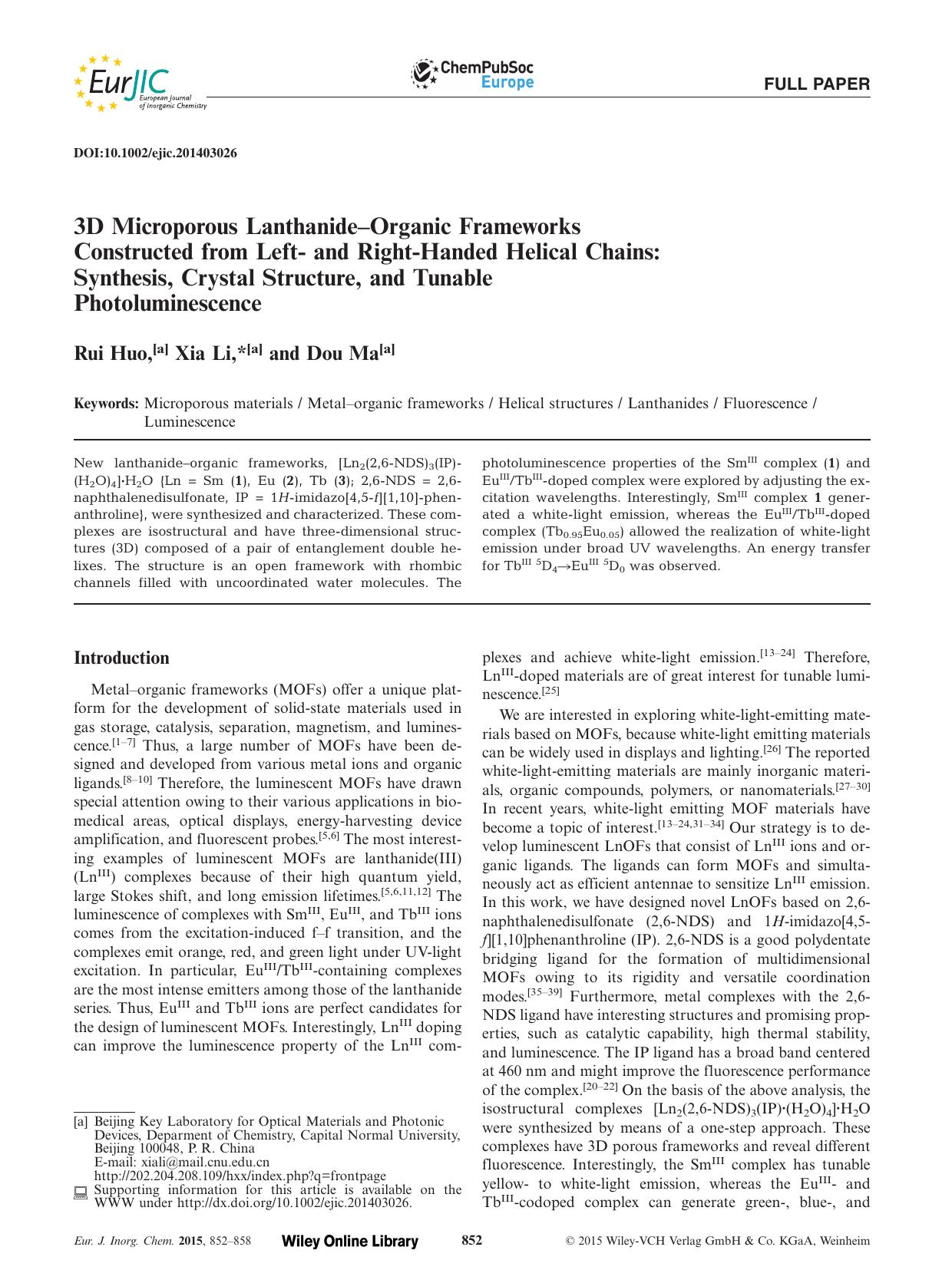 3D Microporous LanthanideOrganic Frameworks Constructed from Left and RightHanded Helical Chains: Synthesis, Crystal Structure, and Tunable Photoluminescence by Unknown
