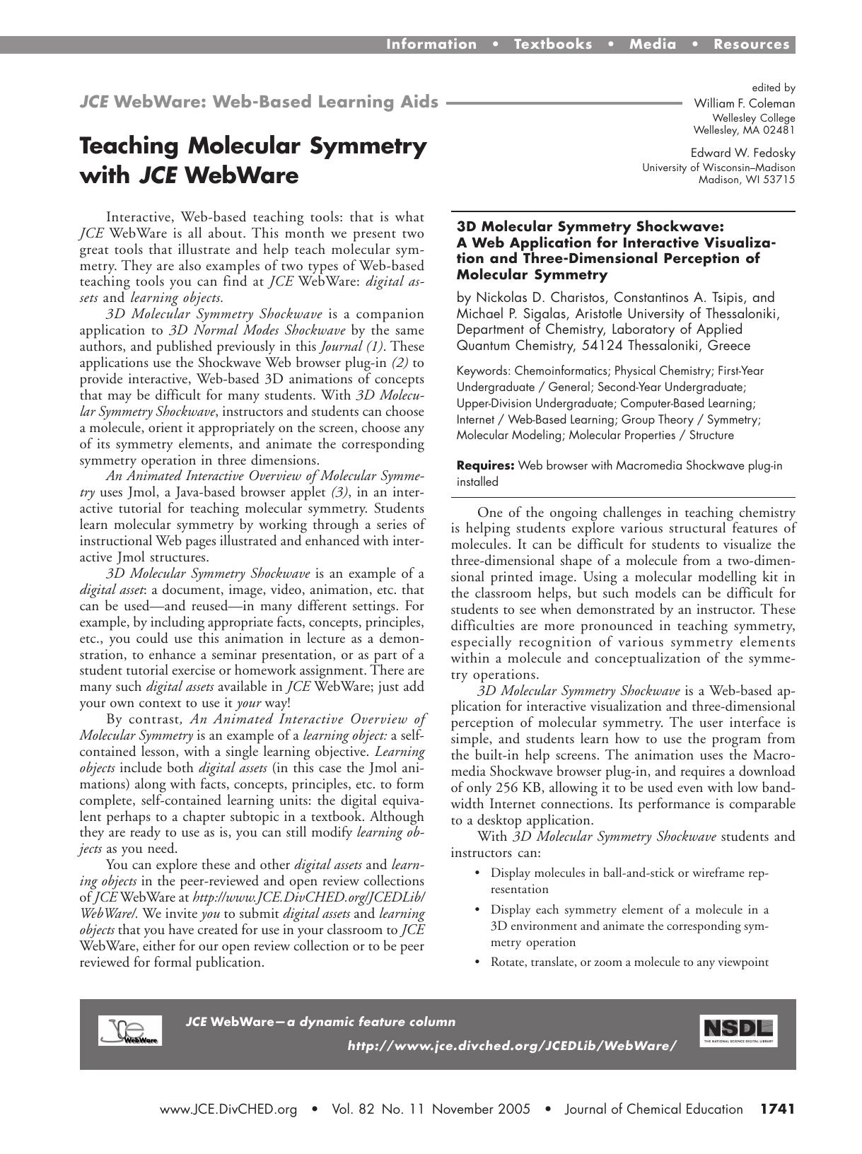 3D Molecular Symmetry Shockwave: A Web Application for Interactive Visualization and Three-Dimensional Perception of Molecular Symmetry by Nickolas D. Charistos Constantinos A. Tsipis & Michail P. Sigalas