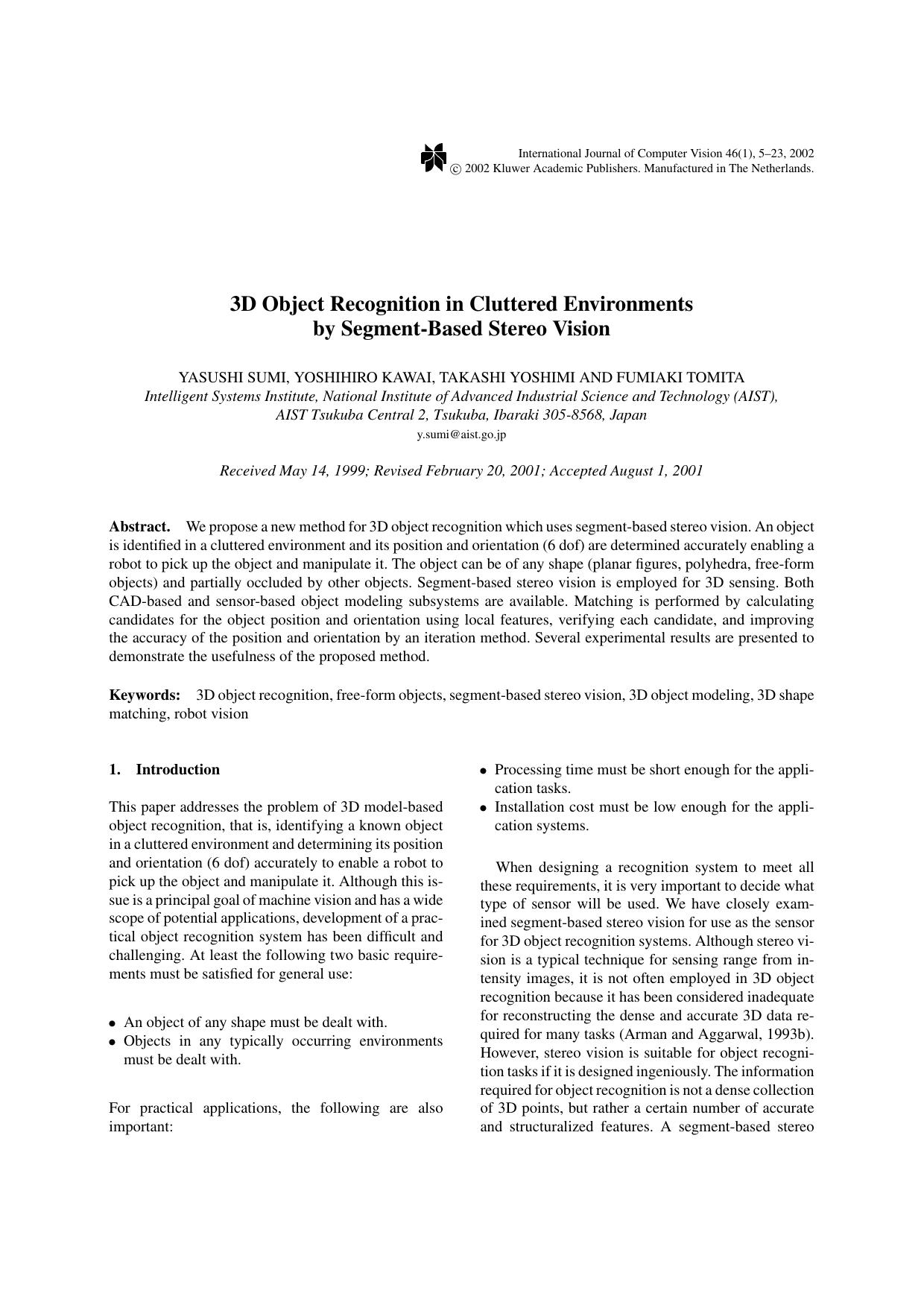 3D Object Recognition in Cluttered Environments by Segment-Based Stereo Vision by 3D Object Recognition in Cluttered Environments by Segment-Based Stereo Vision