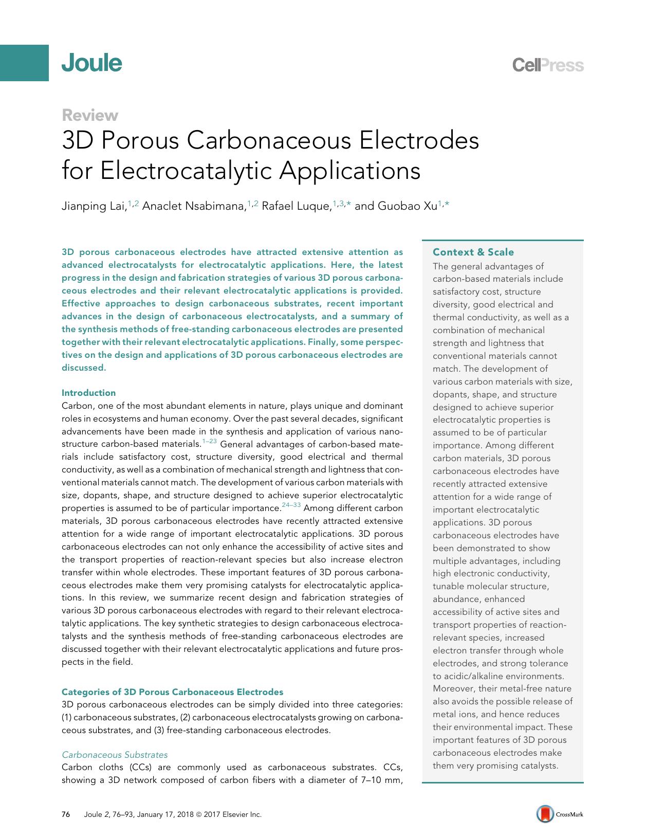 3D Porous Carbonaceous Electrodes for Electrocatalytic Applications by Jianping Lai