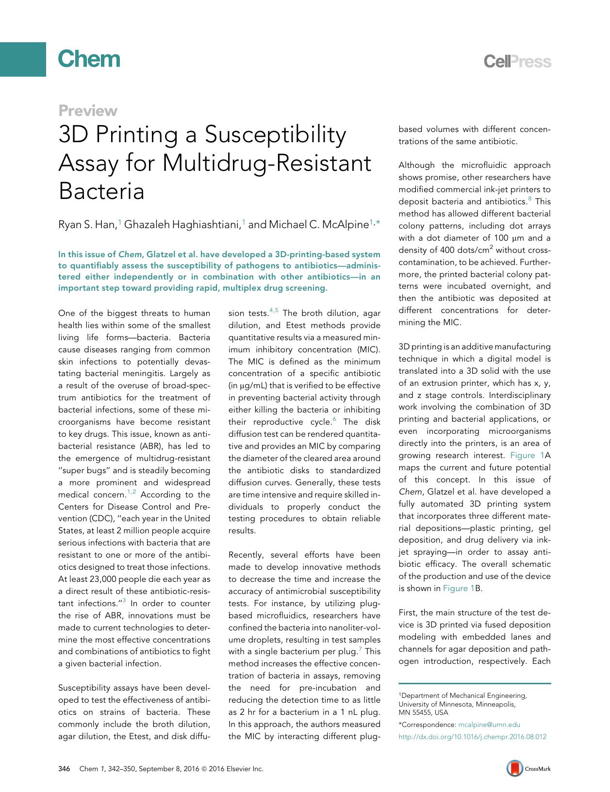 3D Printing a Susceptibility Assay for Multidrug-Resistant Bacteria by Ryan S. Han & Ghazaleh Haghiashtiani & Michael C. McAlpine