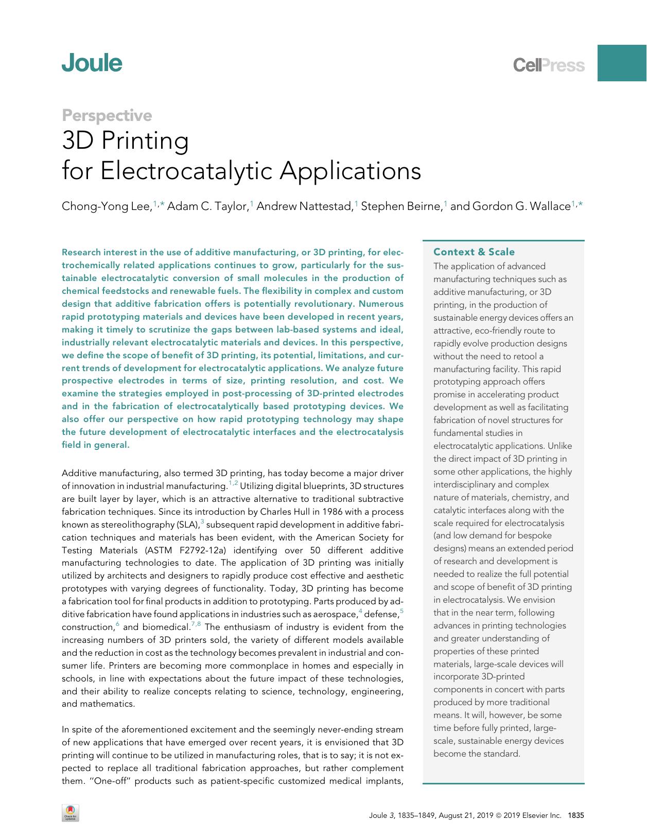 3D Printing for Electrocatalytic Applications by Chong-Yong Lee & Adam C. Taylor & Andrew Nattestad & Stephen Beirne & Gordon G. Wallace