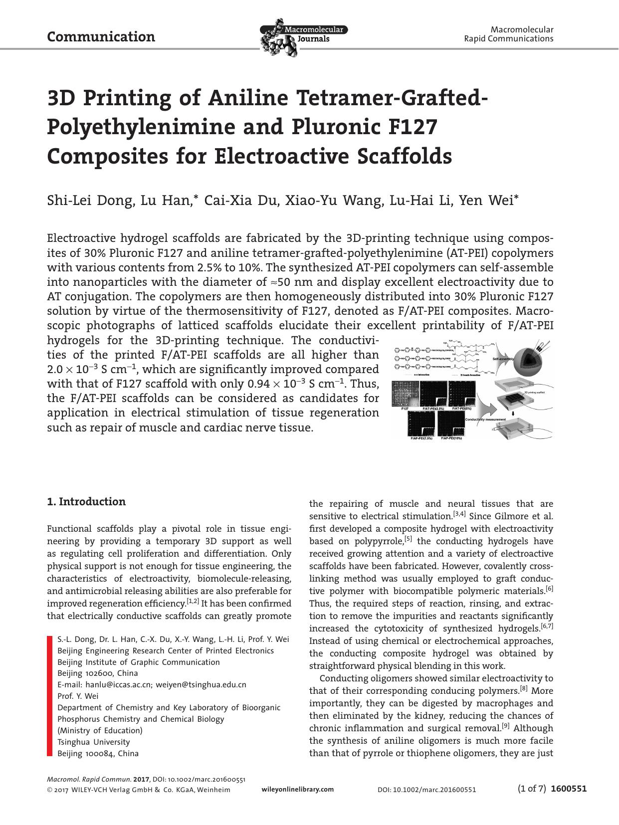 3D Printing of Aniline Tetramer&#x02010;Grafted&#x02010;Polyethylenimine and Pluronic F127 Composites for Electroactive Scaffolds by Unknown