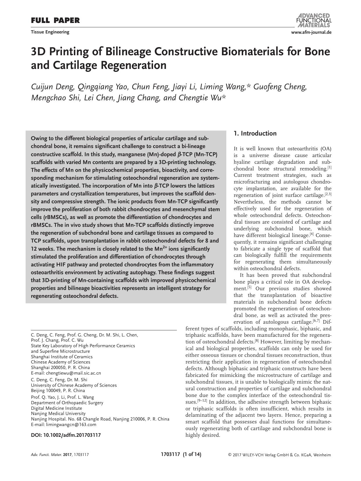 3D Printing of Bilineage Constructive Biomaterials for Bone and Cartilage Regeneration by Unknown