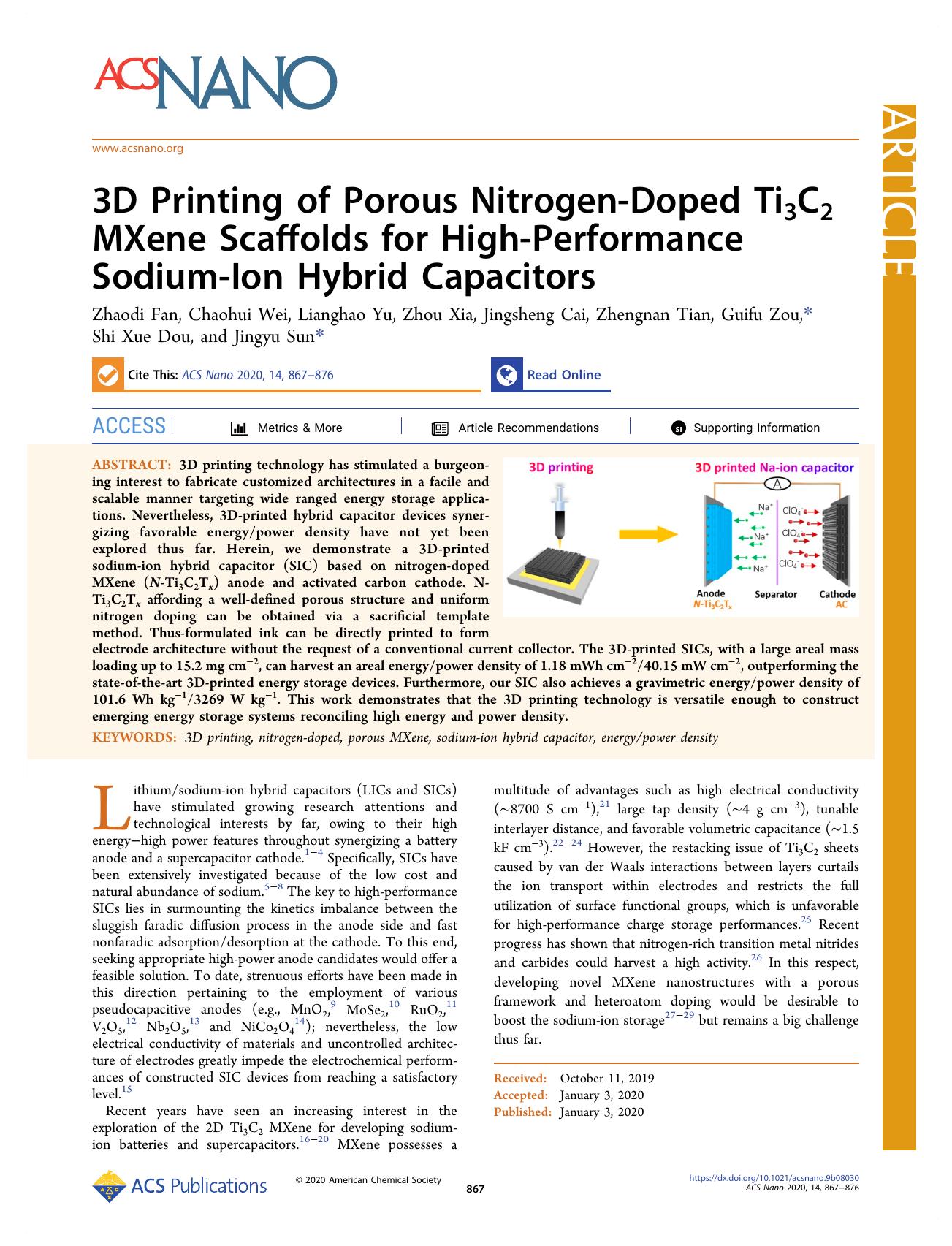 3D Printing of Porous Nitrogen-Doped Ti3C2 MXene Scaffolds for High-Performance Sodium-Ion Hybrid Capacitors by unknow