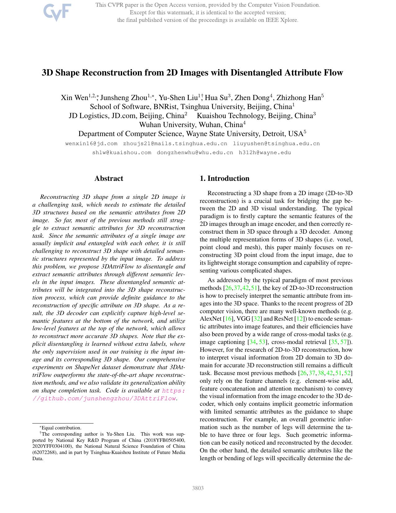 3D Shape Reconstruction From 2D Images With Disentangled Attribute Flow by Xin Wen & Junsheng Zhou & Yu-Shen Liu & Hua Su & Zhen Dong & Zhizhong Han