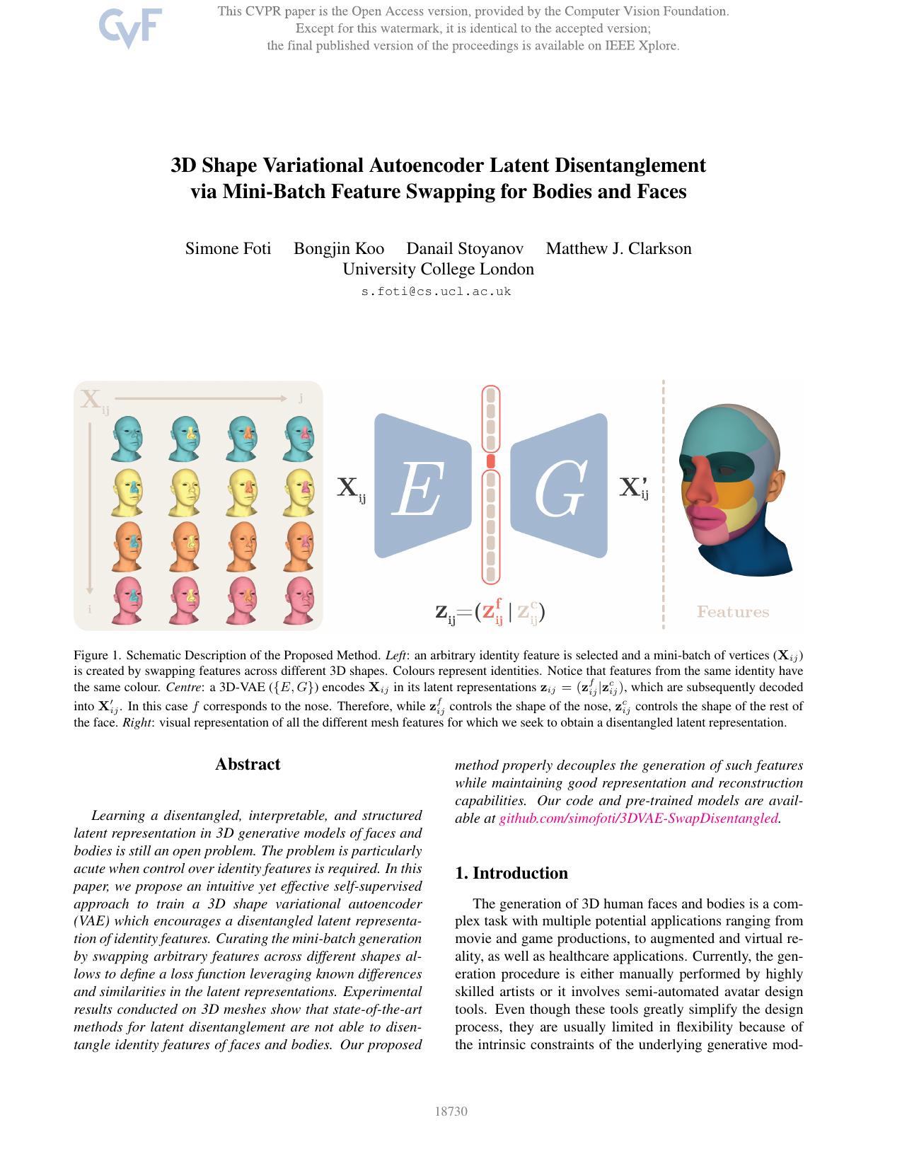 3D Shape Variational Autoencoder Latent Disentanglement via Mini-Batch Feature Swapping for Bodies and Faces by Simone Foti & Bongjin Koo & Danail Stoyanov & Matthew J. Clarkson