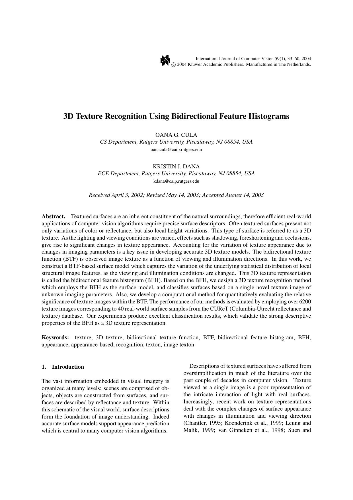 3D Texture Recognition Using Bidirectional Feature Histograms by 3D Texture Recognition Using Bidirectional Feature Histograms