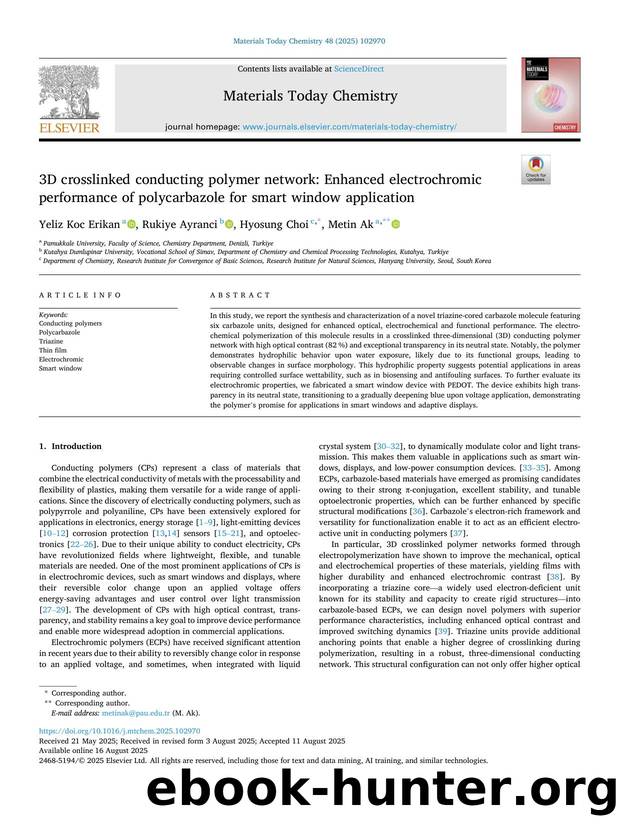 3D crosslinked conducting polymer network: Enhanced electrochromic performance of polycarbazole for smart window application by Yeliz Koc Erikan