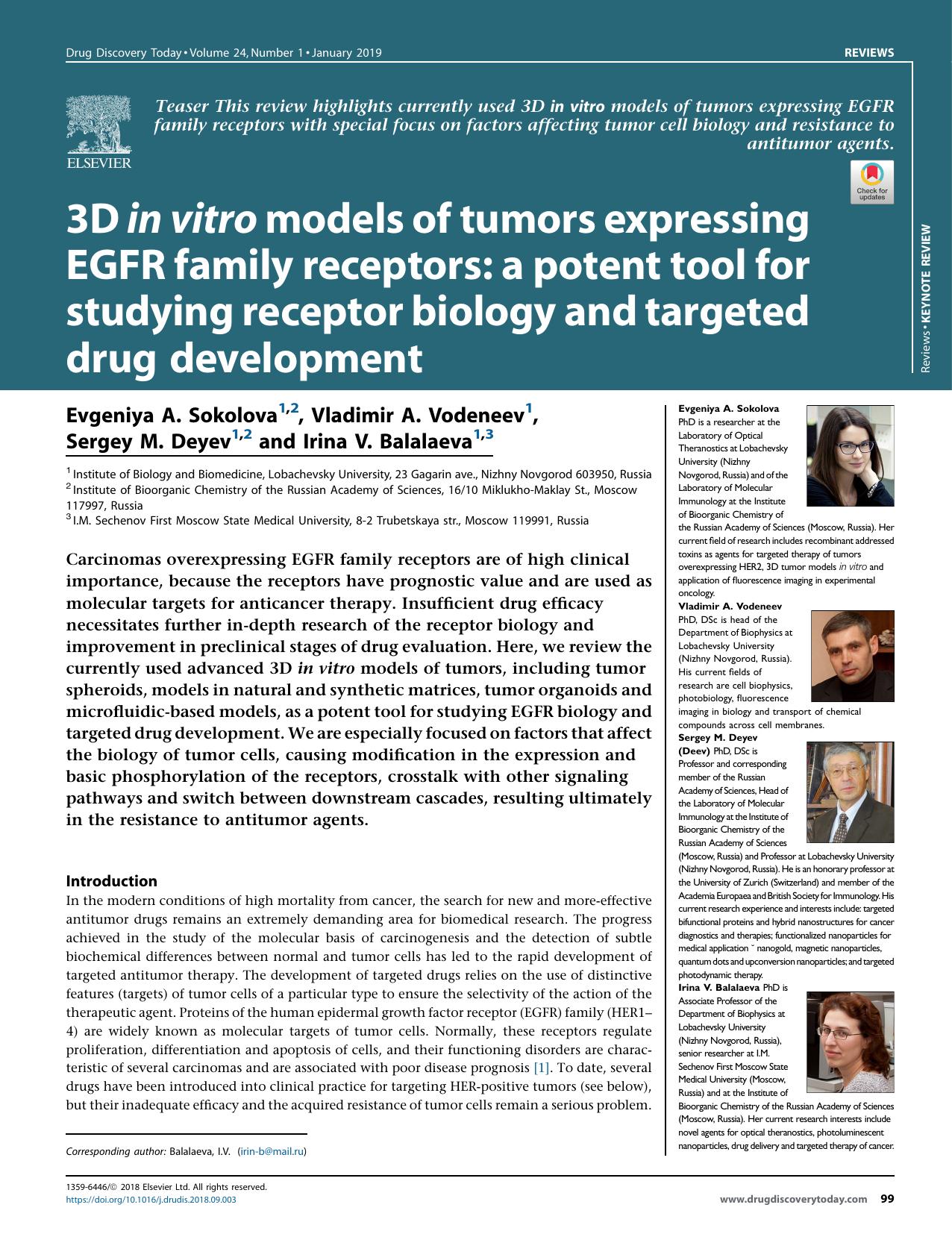 3D in vitro models of tumors expressing EGFR family receptors: a potent tool for studying receptor biology and targeted drug development by Evgeniya A. Sokolova & Vladimir A. Vodeneev & Sergey M. Deyev & Irina V. Balalaeva