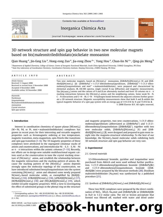 3D network structure and spin gap behavior in two new molecular magnets based on bis(maleonitriledithiolato)nickelate monoanion by Qian Huang; Jin-fang Liu; Hong-rong Zuo; Jia-rong Zhou; Yong Hou; Chun-lin Ni; Qing-jin Meng