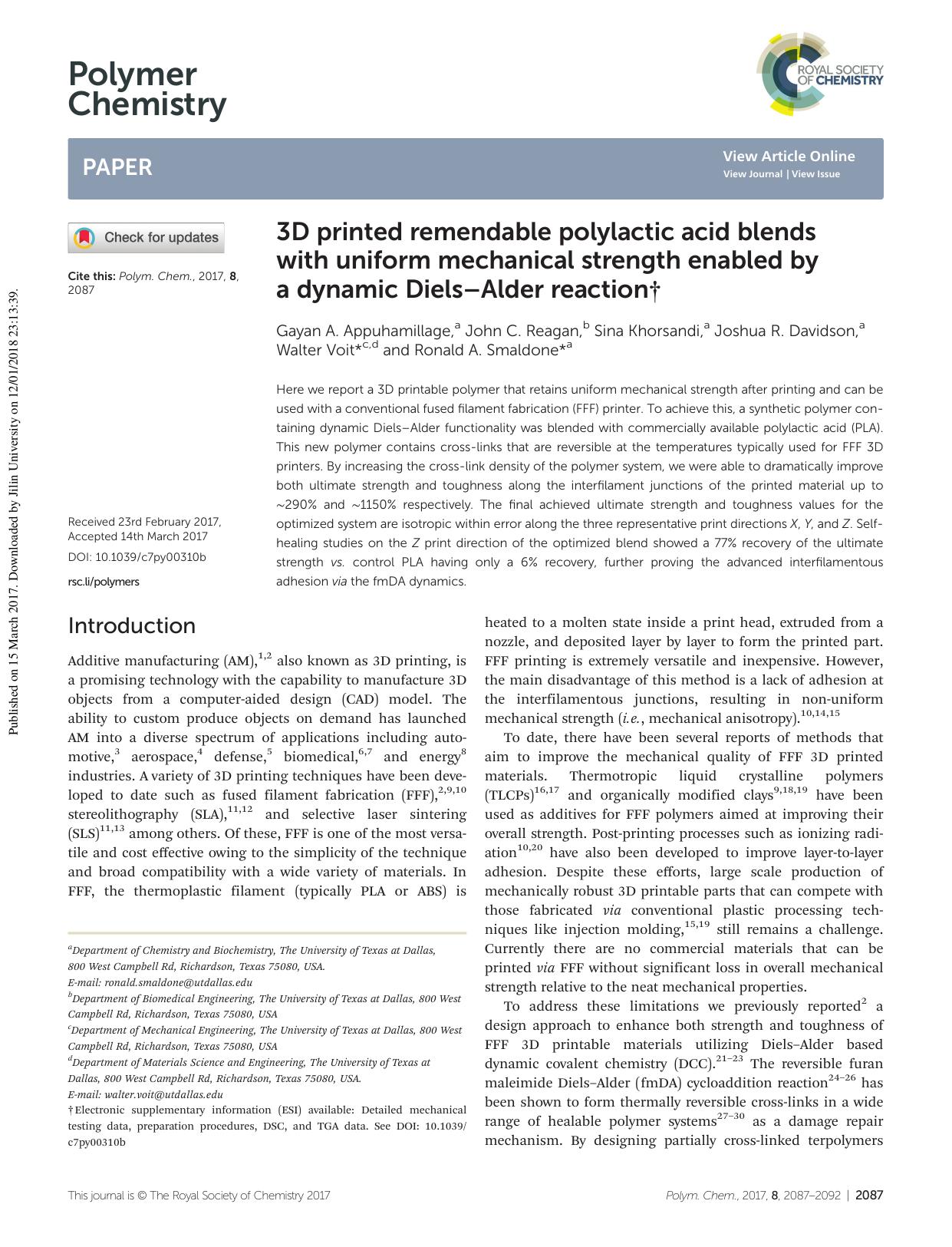 3D printed remendable polylactic acid blends with uniform mechanical strength enabled by a dynamic DielsâAlder reaction by unknow