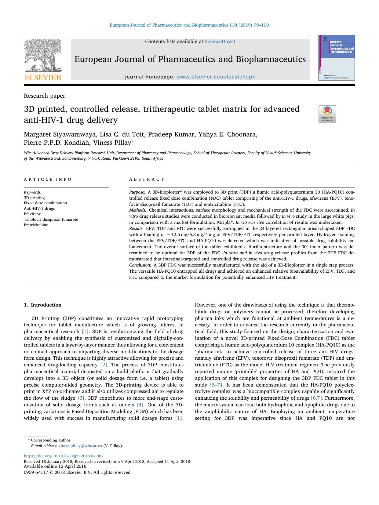 3D printed, controlled release, tritherapeutic tablet matrix for advanced anti-HIV-1 drug delivery by unknow