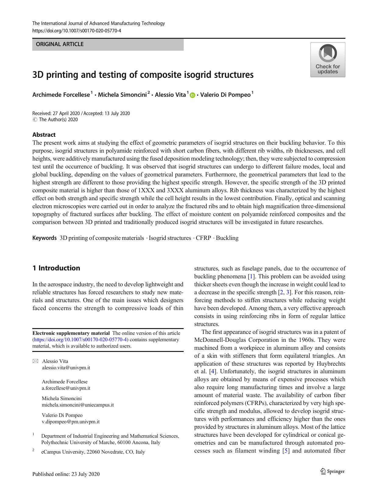 3D printing and testing of composite isogrid structures by Archimede Forcellese & Michela Simoncini & Alessio Vita & Valerio Pompeo